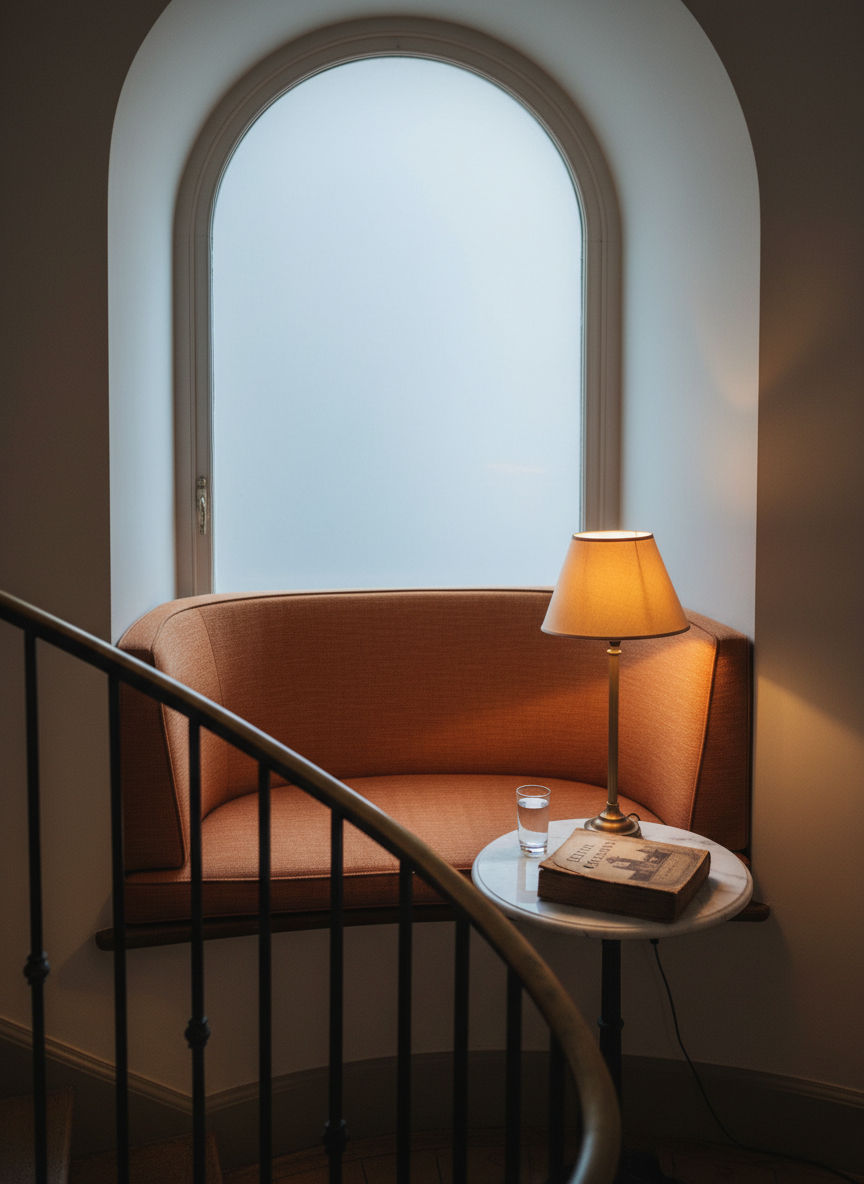 A quiet reading nook carved into the curved alcove of a historic boutique hotel staircase, where a built-in cushioned bench in warm cinnamon fabric nestles beneath a tall arched window. The original wrought-iron balustrade curves elegantly nearby, its dark metal smoothed by decades of touch. On a small marble-topped side table, a glass of water, a softly glowing table lamp, and a single, well-thumbed book about the hotel’s origins. Overcast daylight mingles with the lamp’s warm glow, creating gentle, overlapping pools of light. Photographic realism, framed at eye level with a shallow depth of field highlighting the alcove, while the staircase beyond softly blurs. The mood is intimate and contemplative, emphasizing quiet encounters with the hotel’s story.