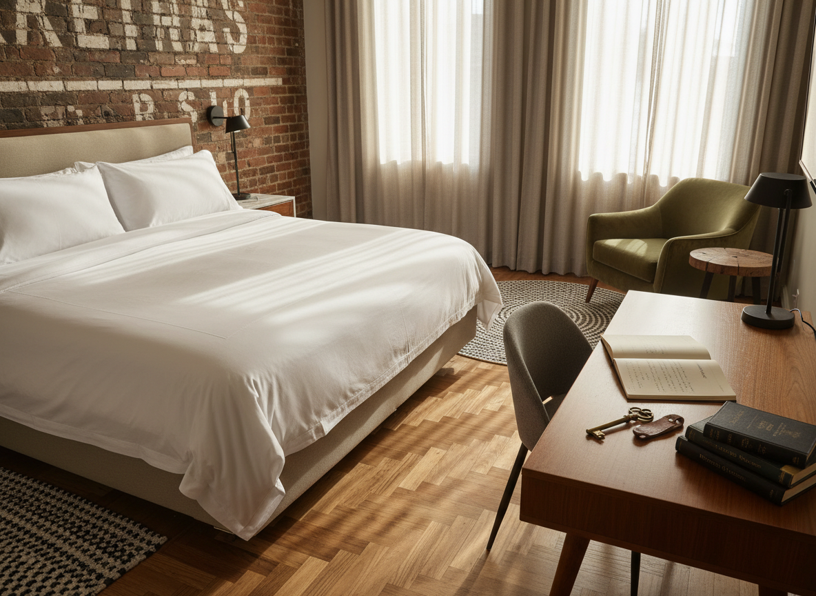 An authentic boutique hotel suite that balances contemporary comfort with visible history: a king bed with crisp white linen stands against an exposed brick wall where faint traces of old painted signage remain. Beside the bed, a mid-century wooden desk holds an open notebook, a vintage brass key on a leather fob, and a small stack of local history books. Golden hour sunlight filters through linen curtains, creating soft patterns on the herringbone parquet floor. Photographic realism, shot from a slightly elevated corner, capturing the entire room with moderate depth of field. The mood is serene and reflective, suggesting a space designed for guests who want to connect with the building’s layered past as they rest.