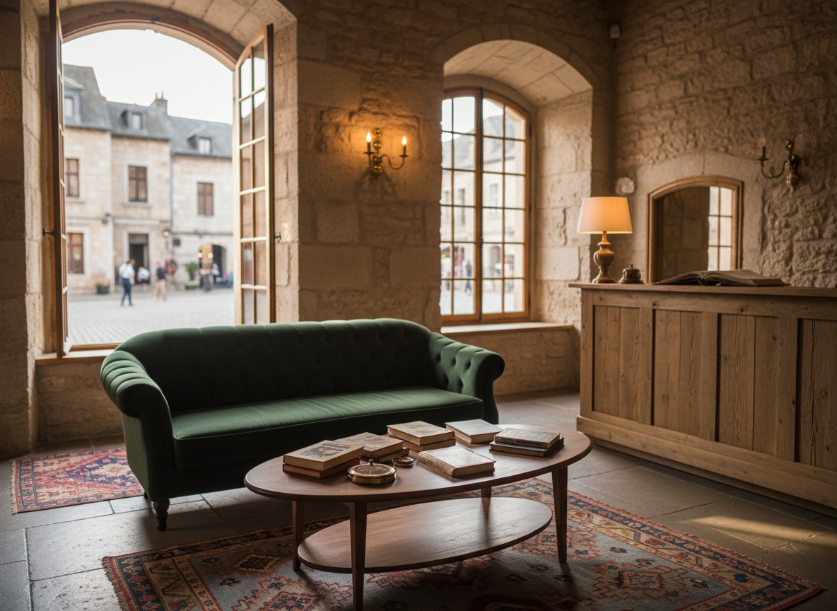 A meticulously restored boutique hotel lobby in a historic stone building, featuring a deep emerald velvet sofa, low walnut coffee table scattered with vintage travel books, and a reception desk crafted from reclaimed oak. Behind the desk, an original arched window reveals the town’s old square, slightly out of focus. Late afternoon natural light pours in, catching the patina on brass wall sconces and the worn edges of patterned Turkish rugs. Photographic realism, shot at eye level with a gently wide angle, sharp focus on the foreground, and a soft, storytelling depth of field. The mood is calm, intellectual, and welcoming, hinting at decades of untold guest stories preserved in the architecture.