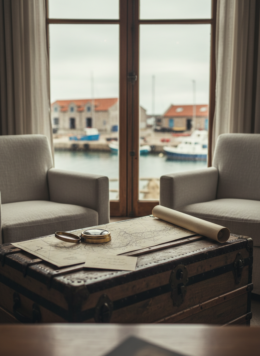 An intimate corner of a seaside boutique hotel lounge, where a large antique trunk serves as a coffee table between two low linen armchairs facing an aged, salt-softened wooden window frame. Through the glass, the distant outline of a harbor and faded warehouse roofs hint at the town’s maritime past. On the trunk lie a nautical chart, an old brass compass, and a small card with a handwritten anecdote about the building’s former life as a merchant’s house, implied visually without readable text. Soft, diffused coastal light fills the room, giving everything a muted, nostalgic palette. Photographic realism, shot close to tabletop level with shallow depth of field. The mood is story-rich and quietly adventurous, inviting guests to imagine the building’s earlier chapters.